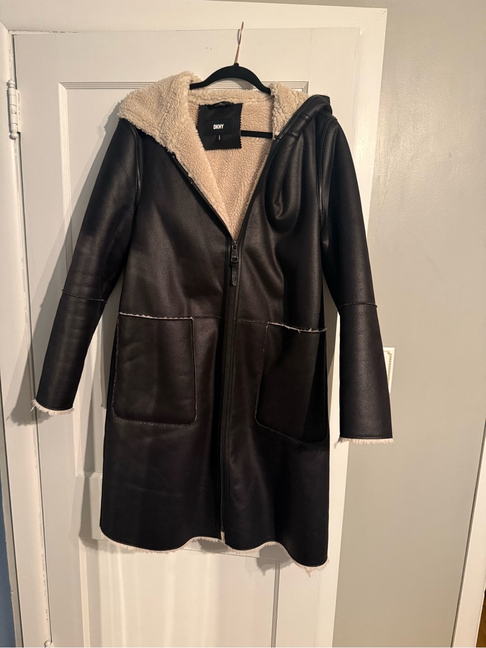 DKNY Black Hooded Faux Leather Teddy Coat with Cream Sherpa Lining